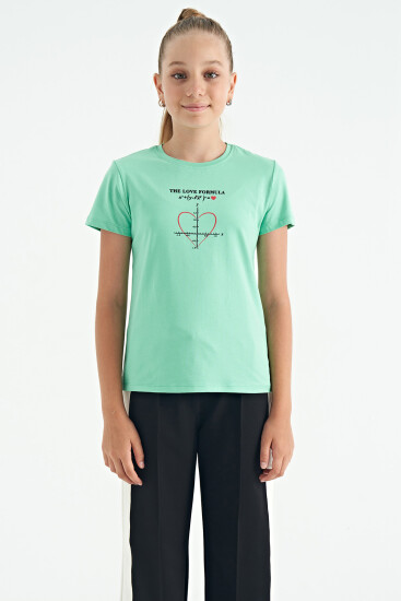 Su Yeşili O Yaka Baskı Detaylı Rahat Kalıp Kız Çocuk T-Shirt - 75129 - Thumbnail