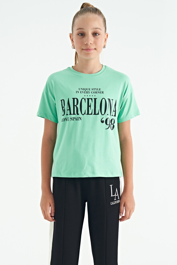 Su Yeşili O Yaka Yazı Baskılı Düşük Omuz Oversize Kız Çocuk T-Shirt - 75115