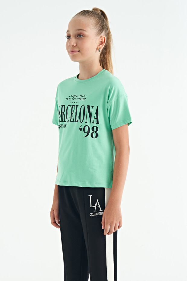 Su Yeşili O Yaka Yazı Baskılı Düşük Omuz Oversize Kız Çocuk T-Shirt - 75115