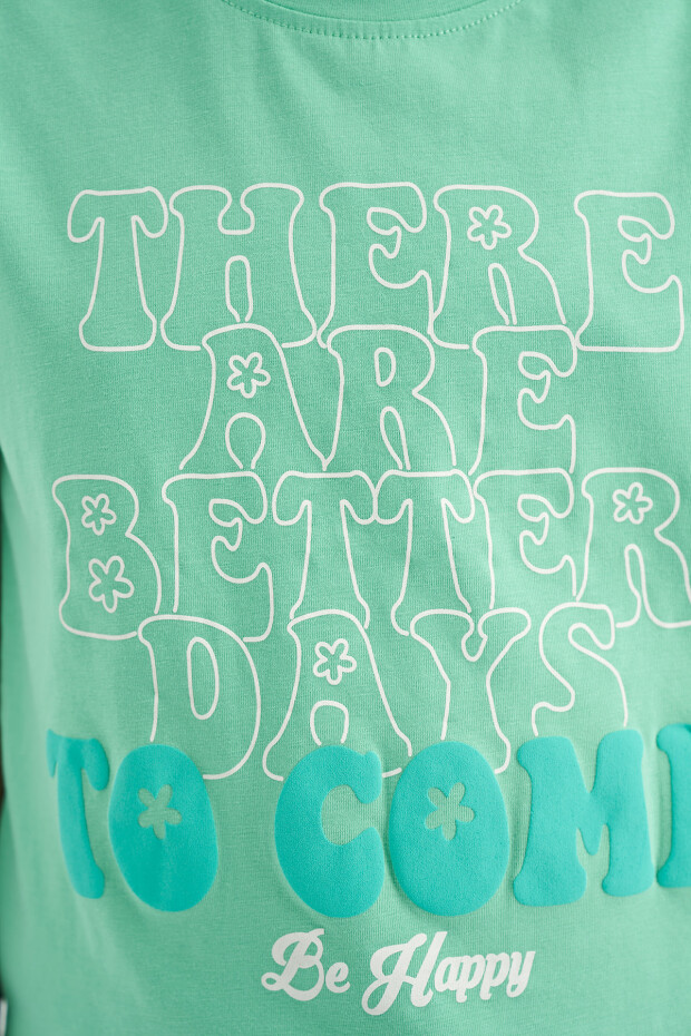 Su Yeşili O Yaka Yazı Baskılı Rahat Form Kısa Kollu Cropped Kız Çocuk T-Shirt - 75118