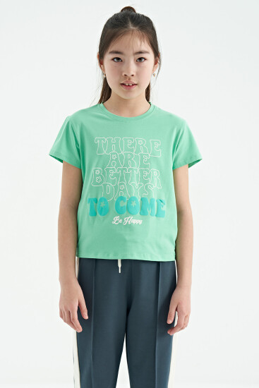 Su Yeşili O Yaka Yazı Baskılı Rahat Form Kısa Kollu Cropped Kız Çocuk T-Shirt - 75118 