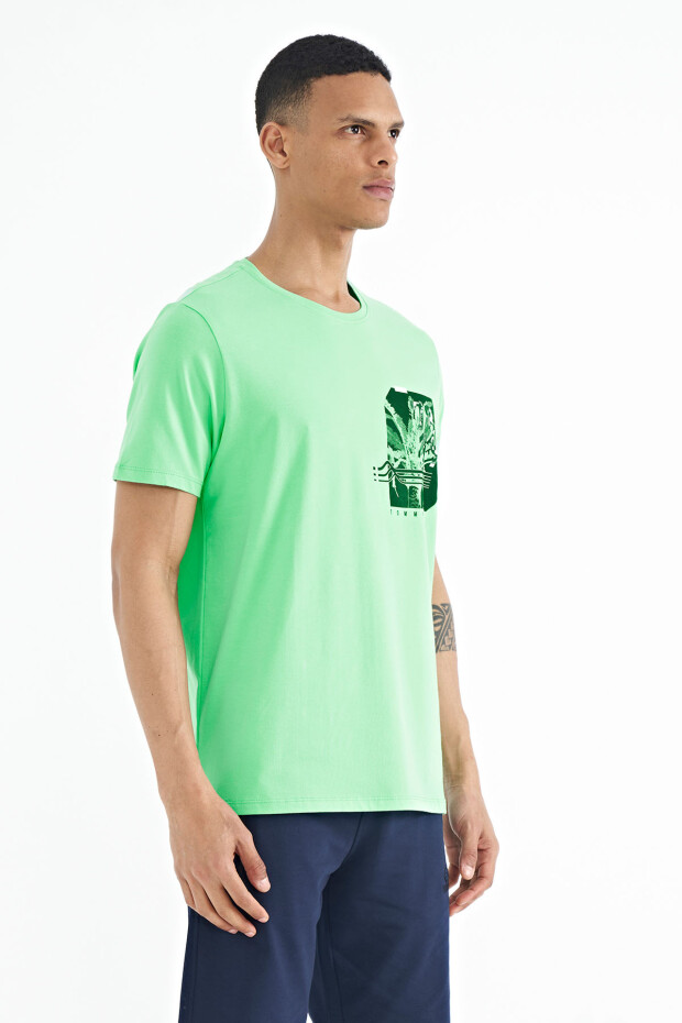 Su Yeşili Ön Arka Baskı Detaylı Standart Form Erkek T-shirt - 88233