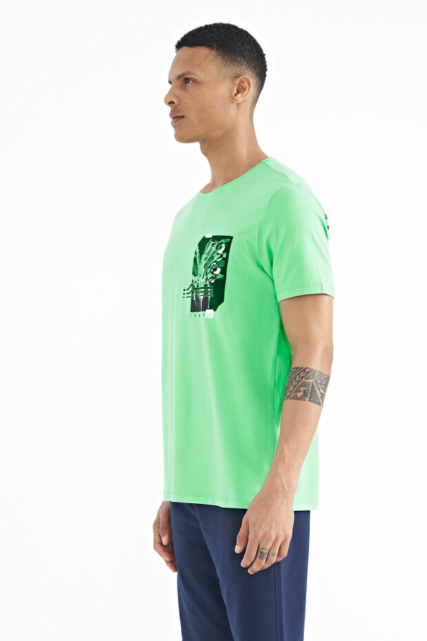 Su Yeşili Ön Arka Baskı Detaylı Standart Form Erkek T-shirt - 88233