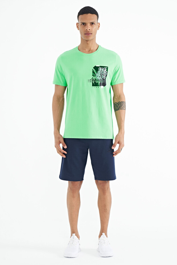 Su Yeşili Ön Arka Baskı Detaylı Standart Form Erkek T-shirt - 88233