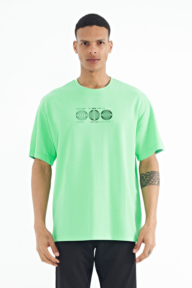 Su Yeşili Ön Arka Baskılı O Yaka Oversize Erkek T-shirt - 88224