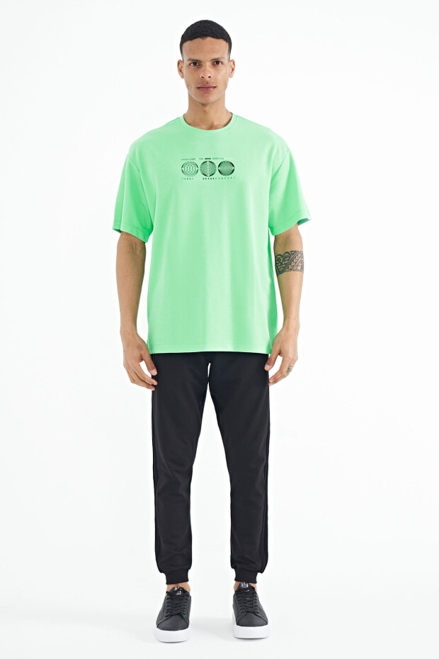 Su Yeşili Ön Arka Baskılı O Yaka Oversize Erkek T-shirt - 88224