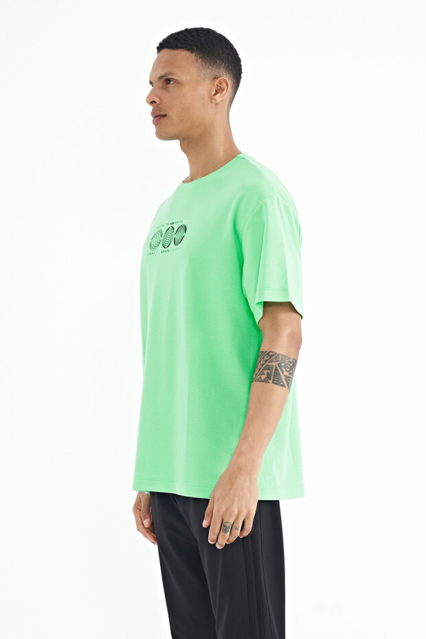 Su Yeşili Ön Arka Baskılı O Yaka Oversize Erkek T-shirt - 88224