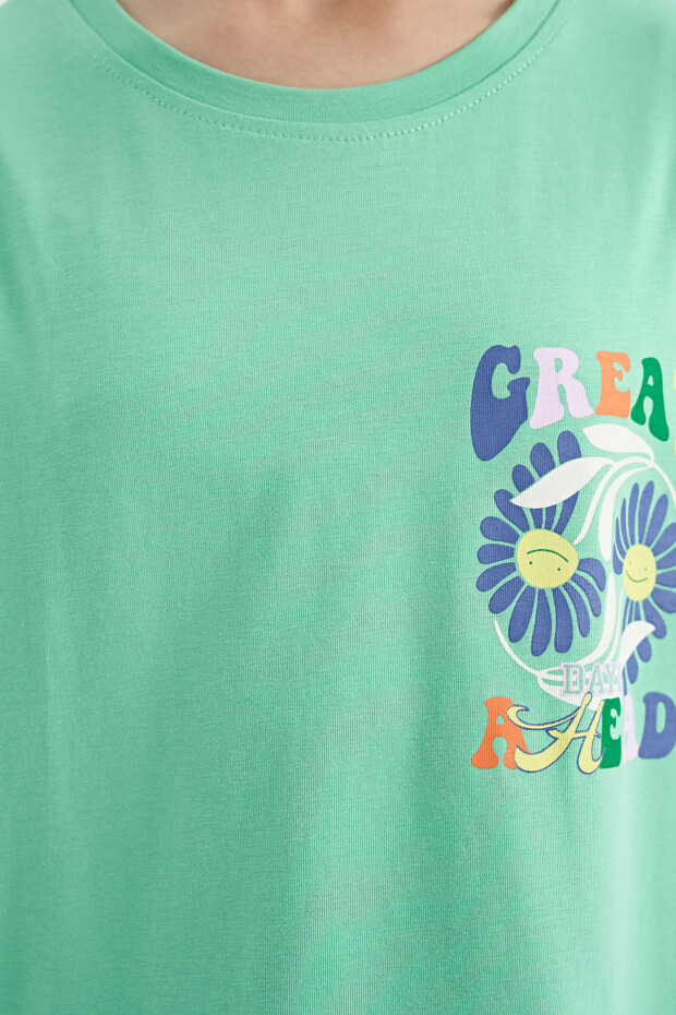 Su Yeşili Ön Arka Çok Renkli Baskılı Oversize Kısa Kollu Kız Çocuk T-Shirt - 75117