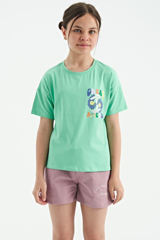 Su Yeşili Ön Arka Çok Renkli Baskılı Oversize Kısa Kollu Kız Çocuk T-Shirt - 75117