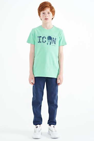 Su Yeşili Ön Yazı Nakışlı O Yaka Standart Kalıp Erkek Çocuk T-Shirt - 11118 - TOMMYLIFE (1)