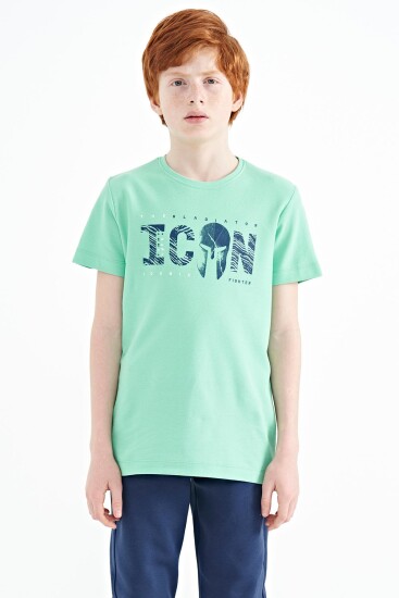 Su Yeşili Ön Yazı Nakışlı O Yaka Standart Kalıp Erkek Çocuk T-Shirt - 11118 