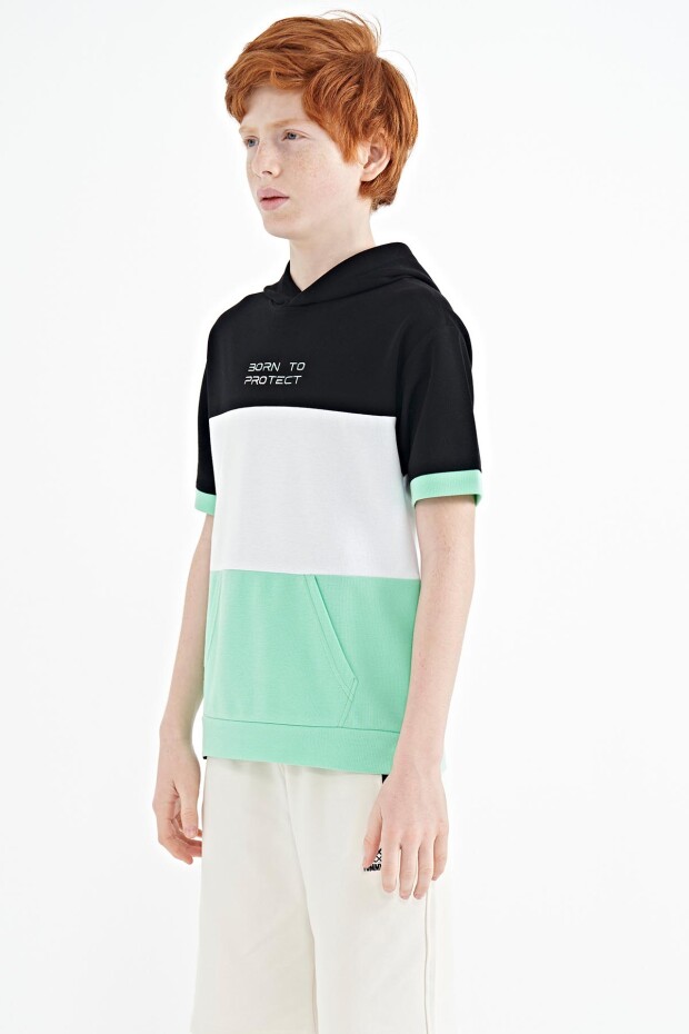 Su Yeşili Renk Bloklu Kanguru Cepli Kapüşonlu Oversize Erkek Çocuk T-Shirt - 11150