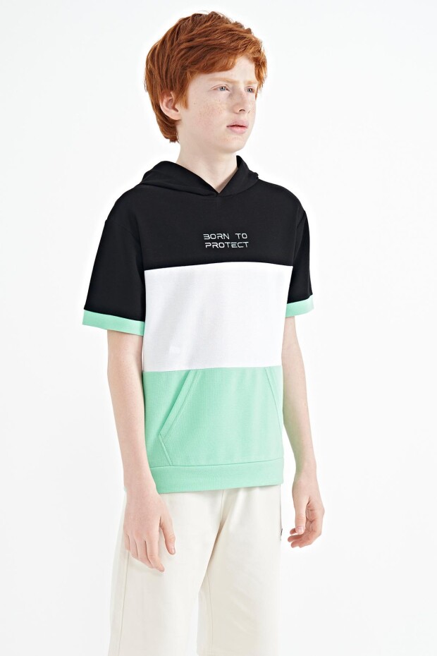 Su Yeşili Renk Bloklu Kanguru Cepli Kapüşonlu Oversize Erkek Çocuk T-Shirt - 11150
