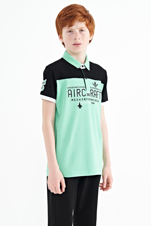 Su Yeşili Renk Bloklu Yazı Nakışlı Standart Kalıp Polo Yaka Erkek Çocuk T-Shirt - 11087