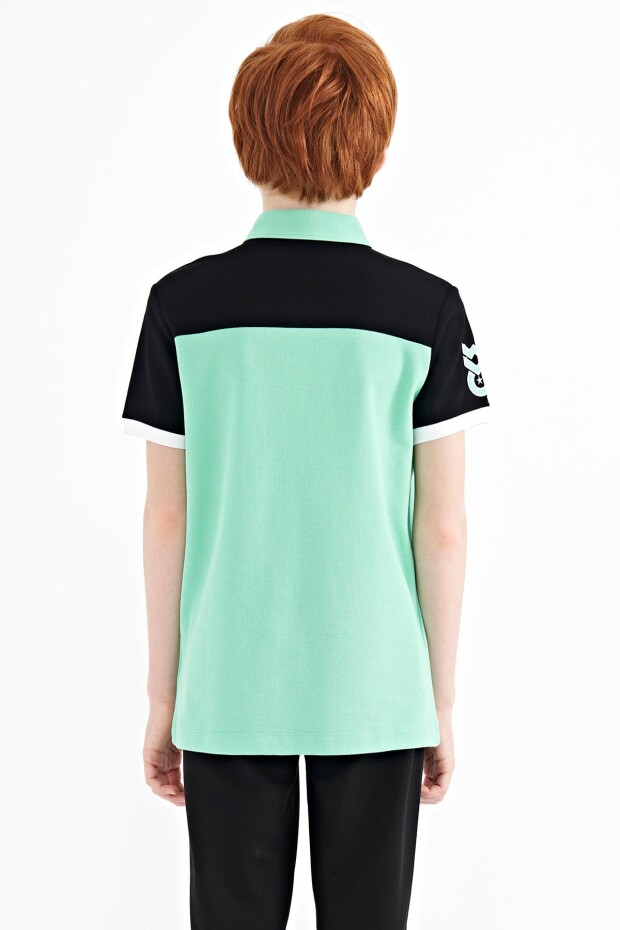 Su Yeşili Renk Bloklu Yazı Nakışlı Standart Kalıp Polo Yaka Erkek Çocuk T-Shirt - 11087