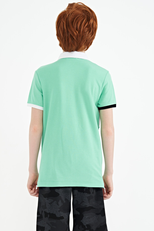 Su Yeşili Renk Geçişli Nakış Detaylı Standart Kalıp Polo Yaka Erkek Çocuk T-Shirt - 11110