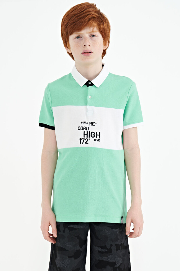 Su Yeşili Renk Geçişli Nakış Detaylı Standart Kalıp Polo Yaka Erkek Çocuk T-Shirt - 11110
