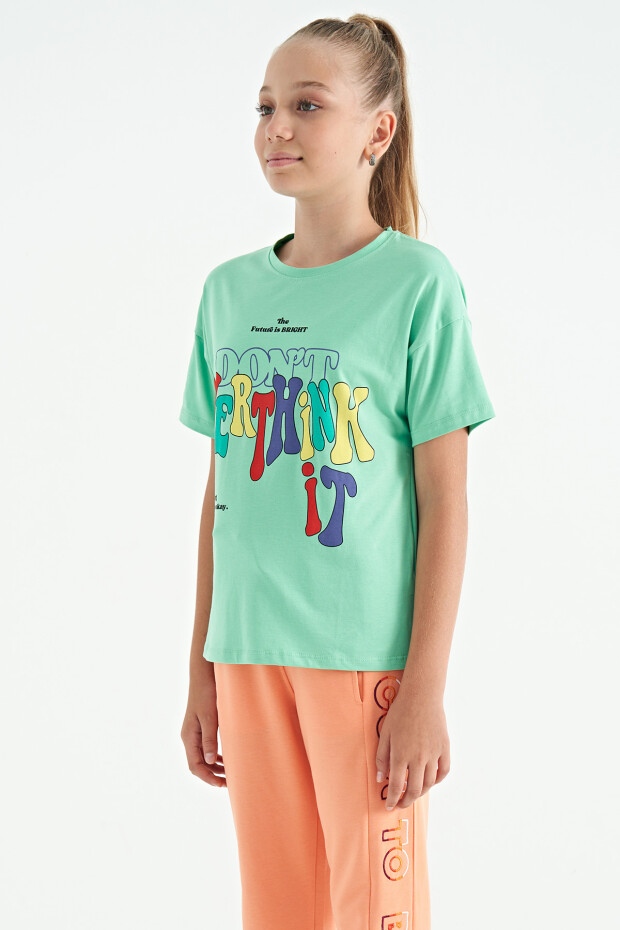 Su Yeşili Renki Yazı Baskılı O Yaka Oversize Kısa Kollu Kız Çocuk T-Shirt - 75112