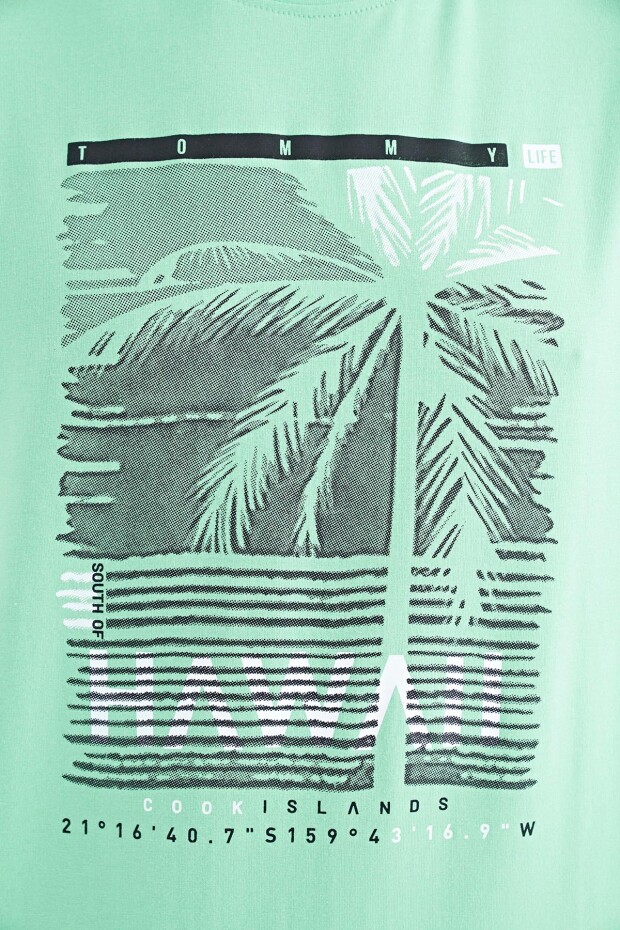 Su Yeşili Slogan Baskılı O Yaka Standart Kalıp Erkek T-shirt - 88190