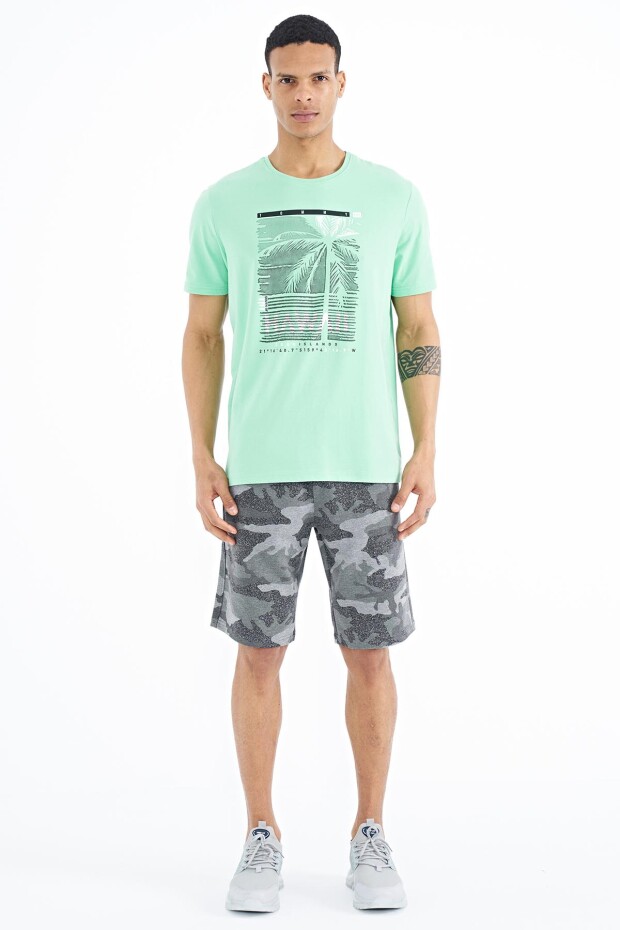 Su Yeşili Slogan Baskılı O Yaka Standart Kalıp Erkek T-shirt - 88190