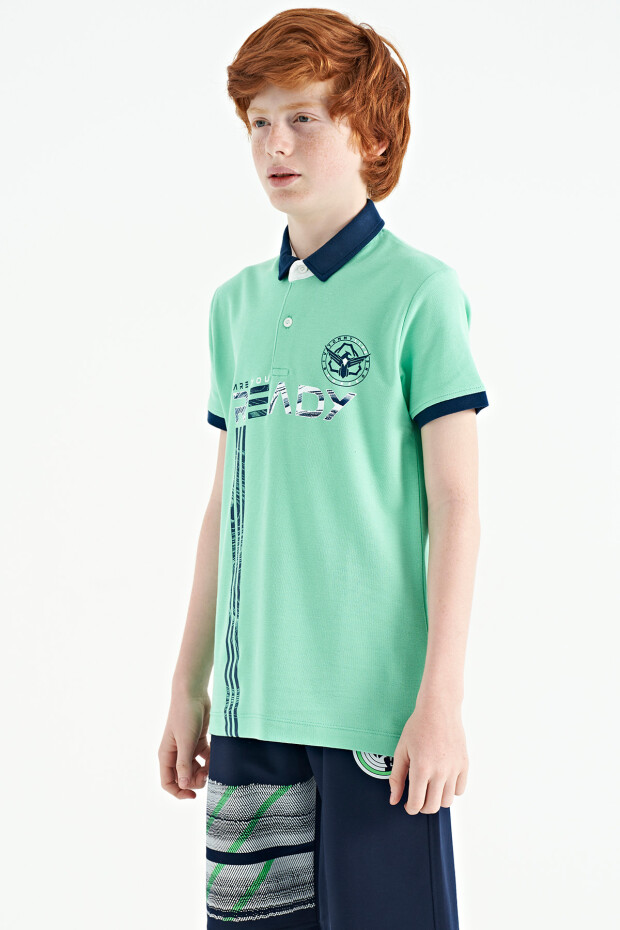 Su Yeşili Yazı Baskı Desenli Standart Kalıp Polo Yaka Erkek Çocuk T-Shirt - 11143