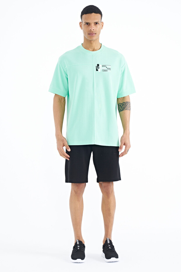 Su Yeşili Yazı Baskı Detaylı O Yaka Oversize Erkek T-shirt - 88197
