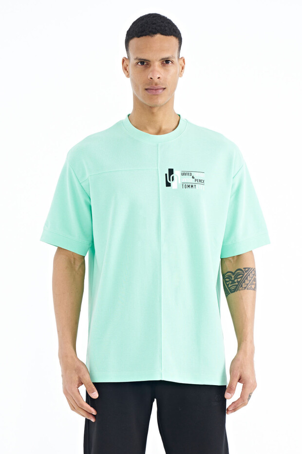 Su Yeşili Yazı Baskı Detaylı O Yaka Oversize Erkek T-shirt - 88197