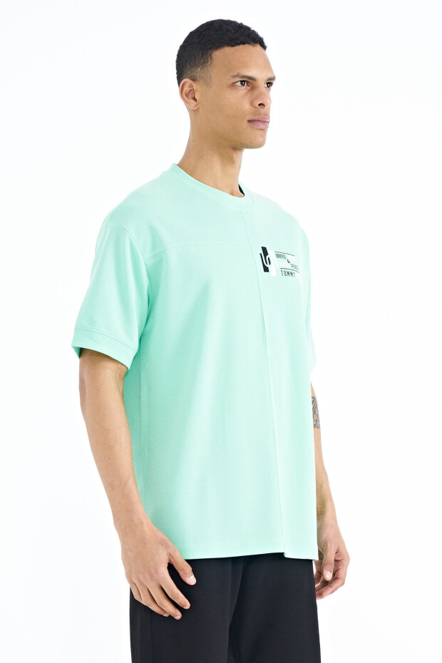 Su Yeşili Yazı Baskı Detaylı O Yaka Oversize Erkek T-shirt - 88197