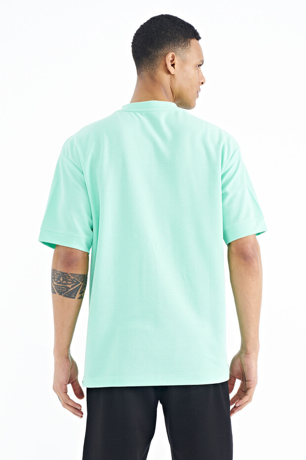 Su Yeşili Yazı Baskı Detaylı O Yaka Oversize Erkek T-shirt - 88197