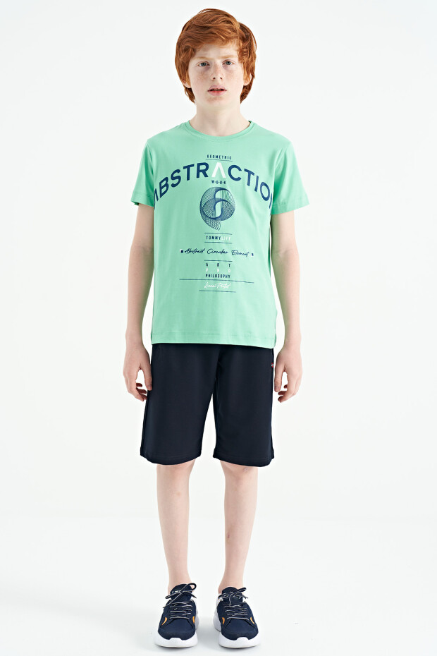 Su Yeşili Yazı Baskı Detaylı O Yaka Standart Kalıp Erkek Çocuk T-Shirt - 11103