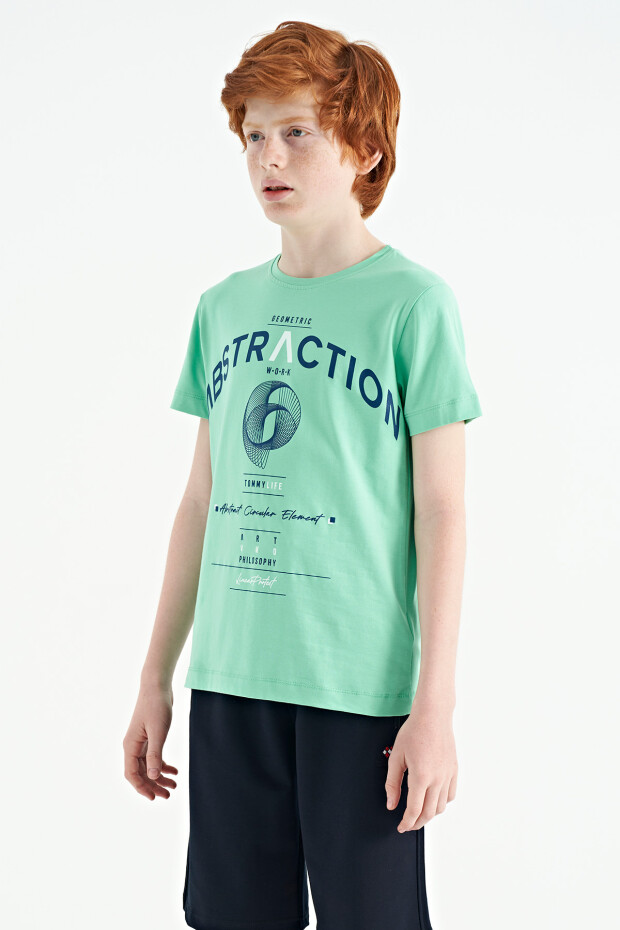 Su Yeşili Yazı Baskı Detaylı O Yaka Standart Kalıp Erkek Çocuk T-Shirt - 11103
