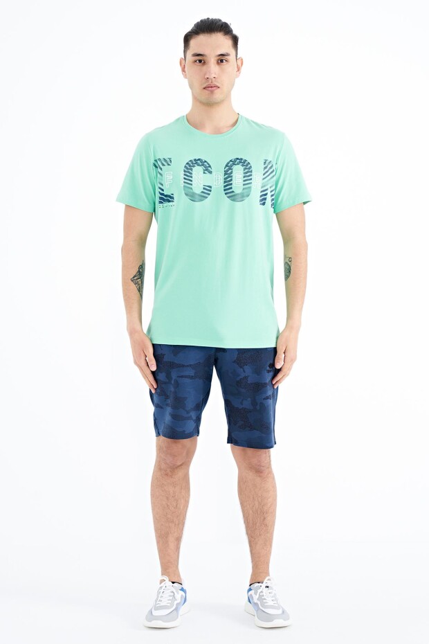 Su Yeşili Yazı Baskı Detaylı O Yaka Standart Kalıp Erkek T-Shirt - 88187