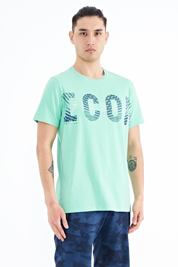 Su Yeşili Yazı Baskı Detaylı O Yaka Standart Kalıp Erkek T-Shirt - 88187