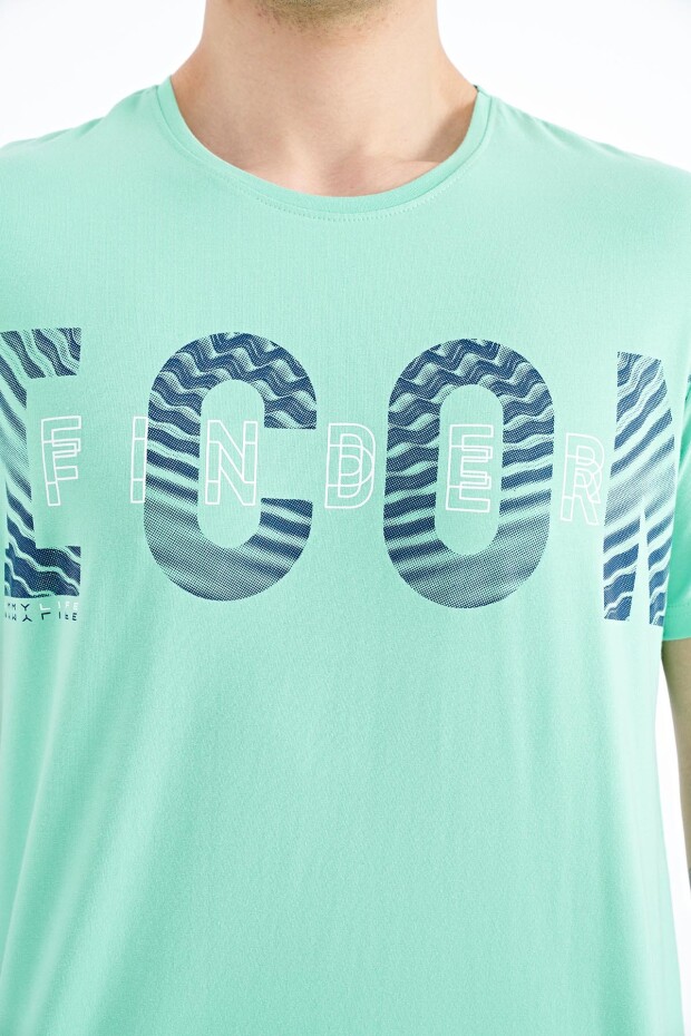 Su Yeşili Yazı Baskı Detaylı O Yaka Standart Kalıp Erkek T-Shirt - 88187