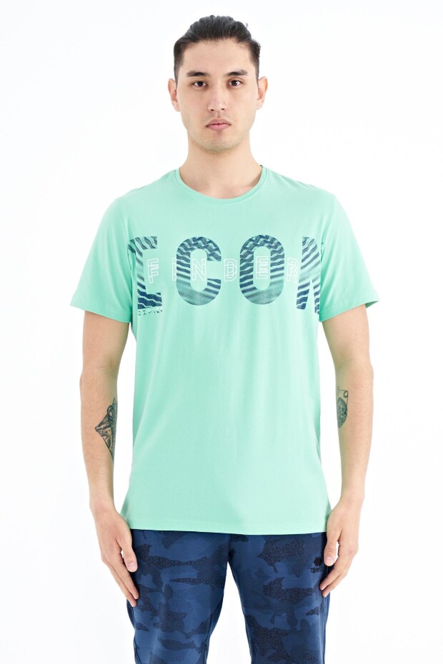 Su Yeşili Yazı Baskı Detaylı O Yaka Standart Kalıp Erkek T-Shirt - 88187