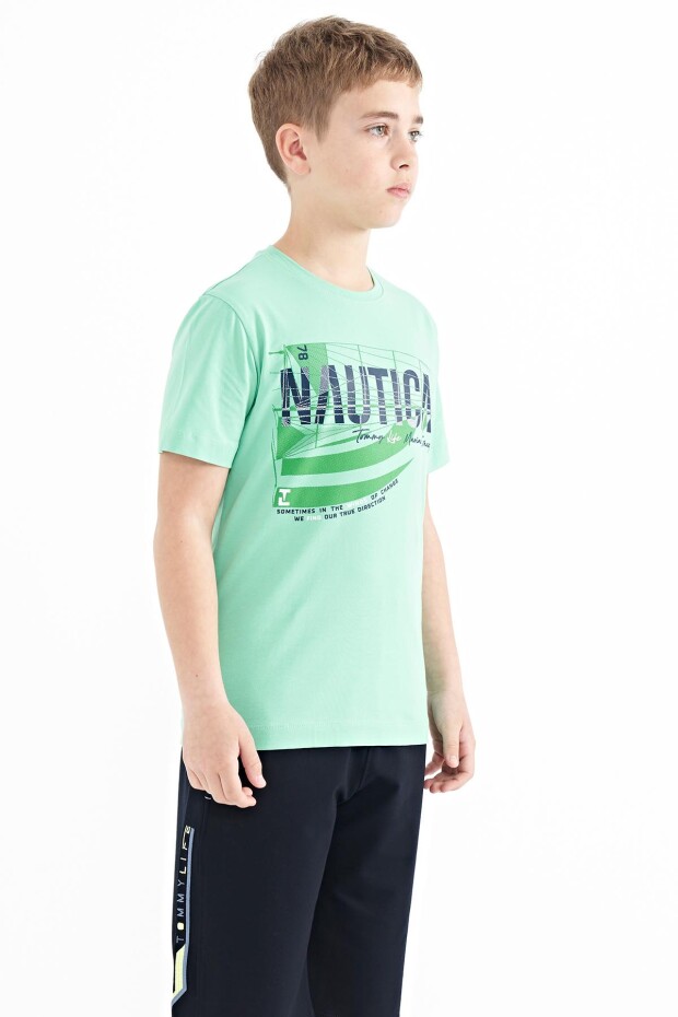 Su Yeşili Yazı Baskılı O Yaka Standart Kalıp Erkek Çocuk T-Shirt - 11100