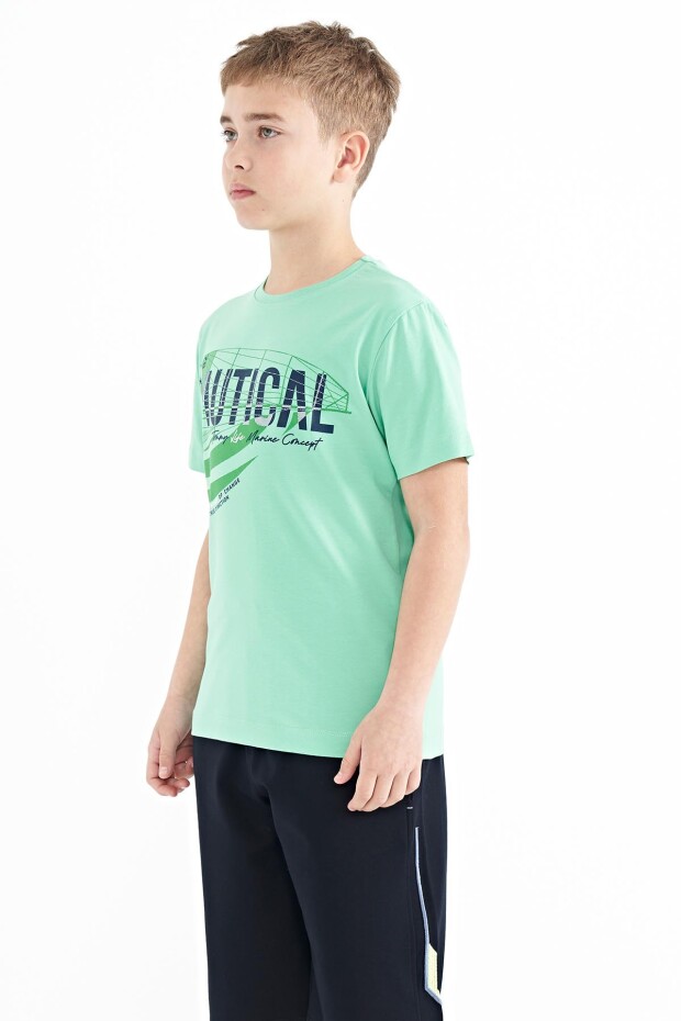 Su Yeşili Yazı Baskılı O Yaka Standart Kalıp Erkek Çocuk T-Shirt - 11100