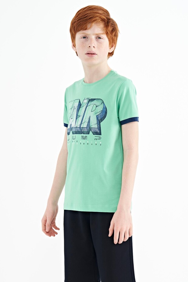 Su Yeşili Yazı Baskılı Standart Kalıp O Yaka Erkek Çocuk T-Shirt - 11098