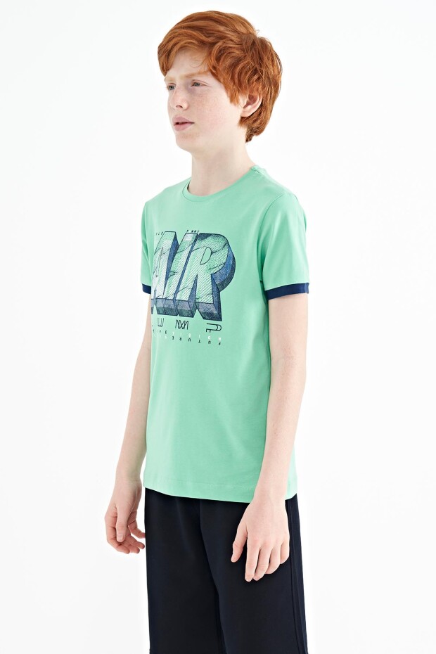 Su Yeşili Yazı Baskılı Standart Kalıp O Yaka Erkek Çocuk T-Shirt - 11098