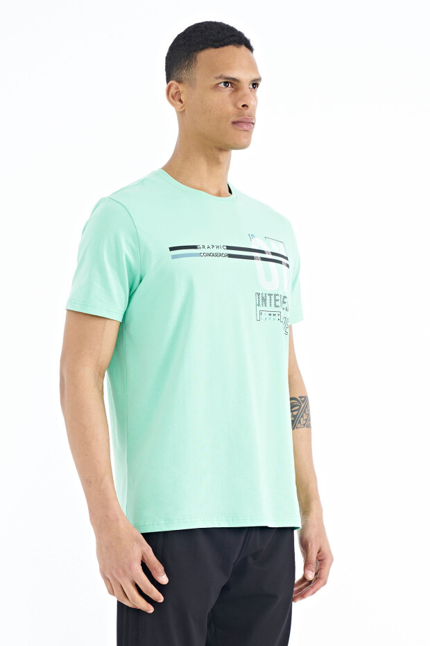 Su Yeşili Yazı Baskılı Standart Kalıp O Yaka Erkek T-Shirt - 88189