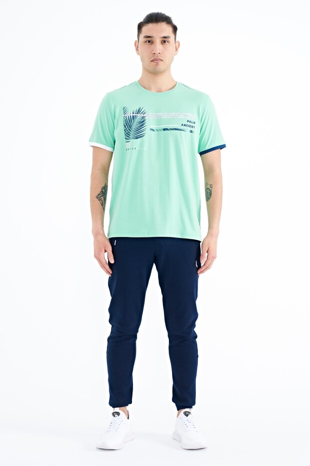 Su Yeşili Yazı Desen Baskılı O Yaka Standart Kalıp Erkek T-Shirt - 88183