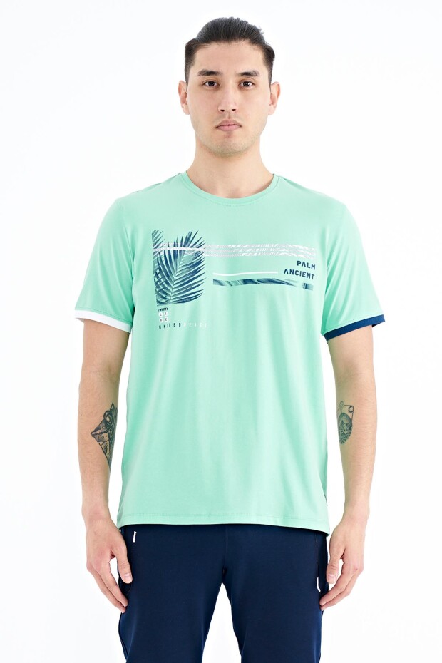 Su Yeşili Yazı Desen Baskılı O Yaka Standart Kalıp Erkek T-Shirt - 88183