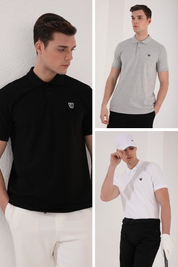 Syh - Byz - Grimlnj Basic Göğüs Logolu Standart Kalıp Triko Polo Yaka 3 lü Paket Erkek T-Shirt - 87988 - Thumbnail