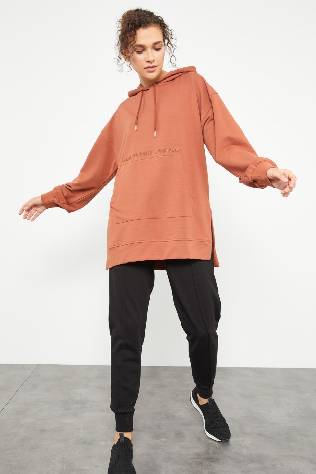 Tarçın Balon Kol Yazı Nakışlı Kadın Oversize Tunik Sweatshirt - 97163