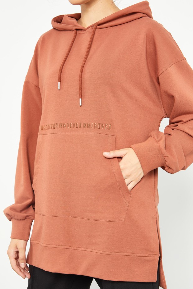 Tarçın Balon Kol Yazı Nakışlı Kadın Oversize Tunik Sweatshirt - 97163