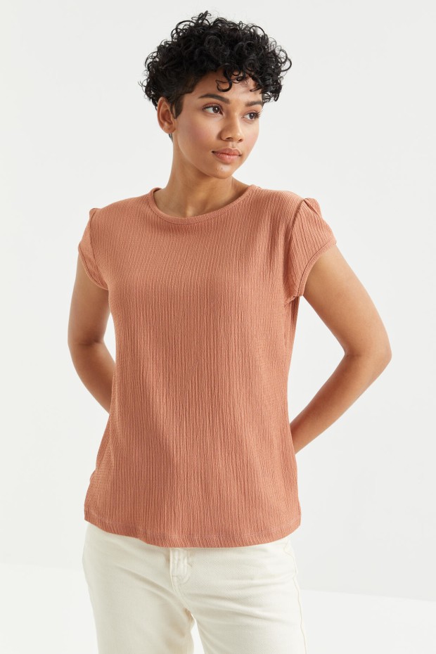 Tarçın Basic Kısa Kol O Yaka Bürümcük Kumaş Kadın T-Shirt - 97225