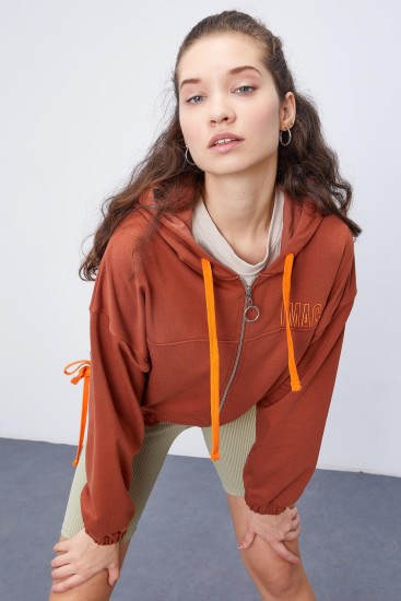 Tarçın Kapüşonlu Renkli Bağcıklı Fermuarlı Kadın Oversize Sweatshirt - 97176 