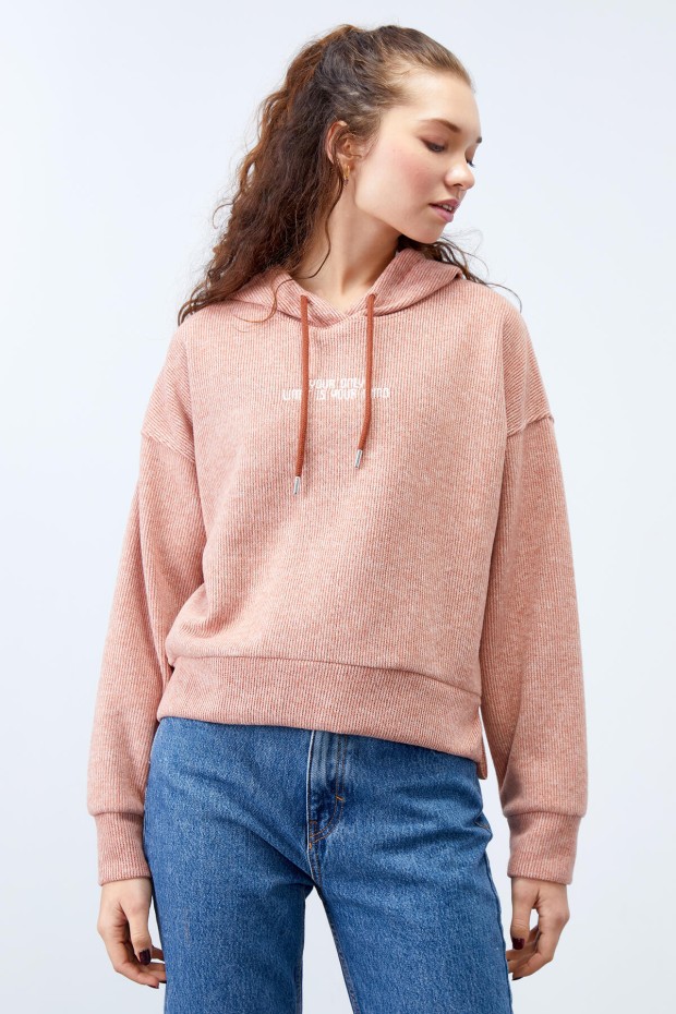 Tarçın Kapüşonlu Yazı Nakışlı Selanik Kadın Oversize Sweatshirt - 97192