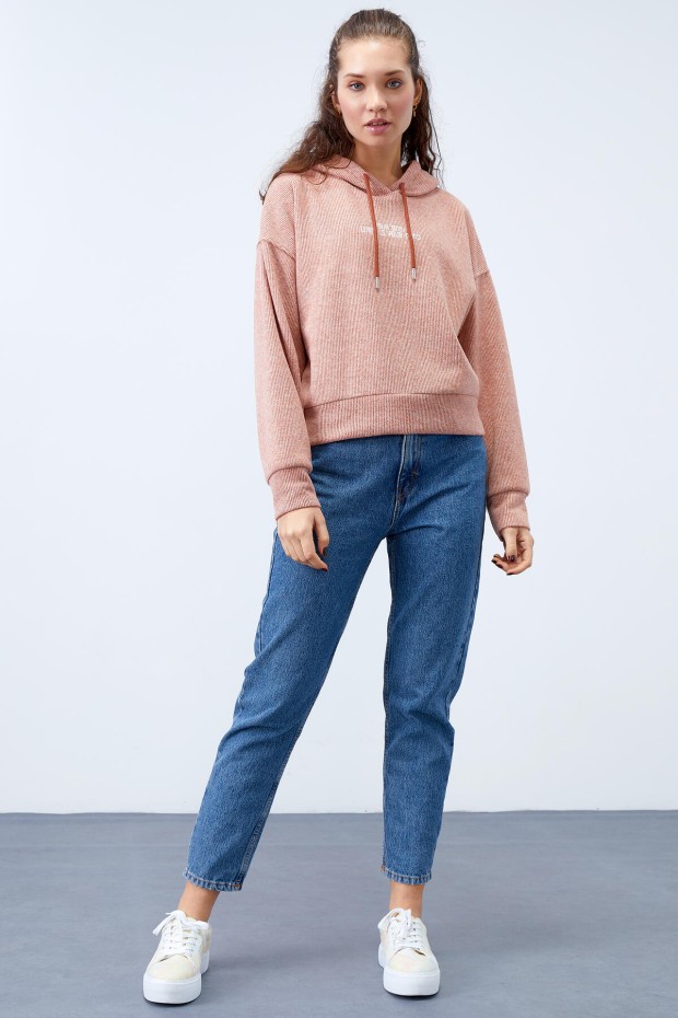 Tarçın Kapüşonlu Yazı Nakışlı Selanik Kadın Oversize Sweatshirt - 97192