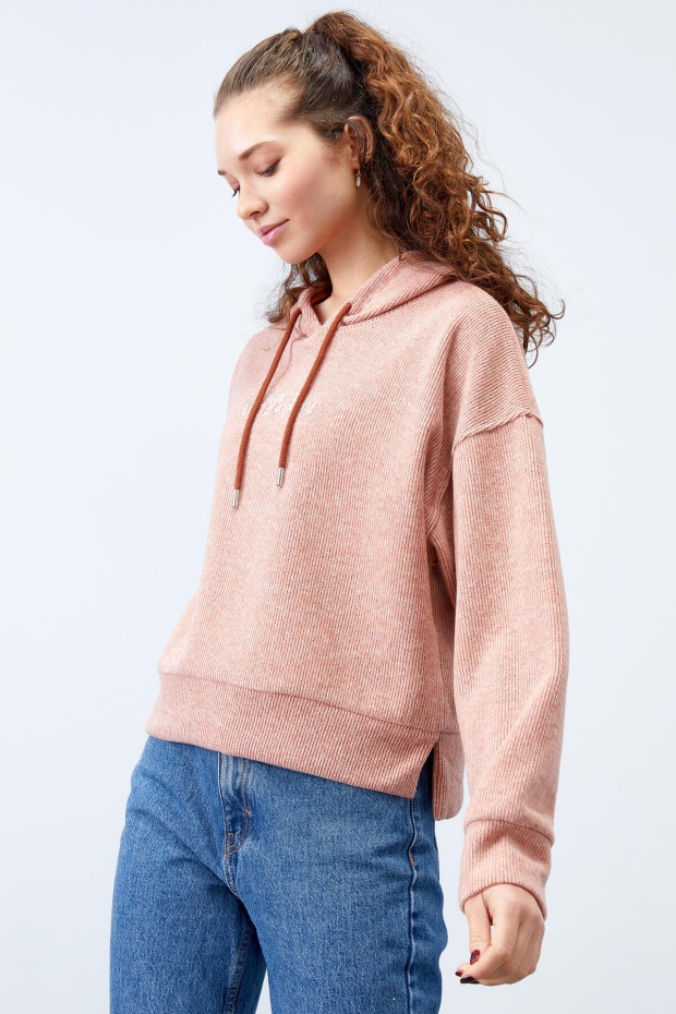 Tarçın Kapüşonlu Yazı Nakışlı Selanik Kadın Oversize Sweatshirt - 97192